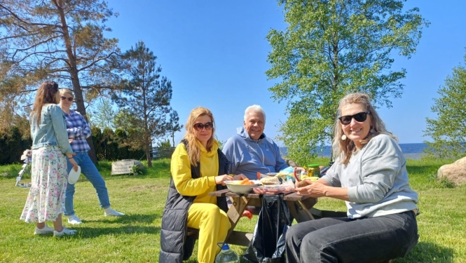 Cilvēki pikniko pie koka galda zaļā pļavā pie jūras saulainā dienā.