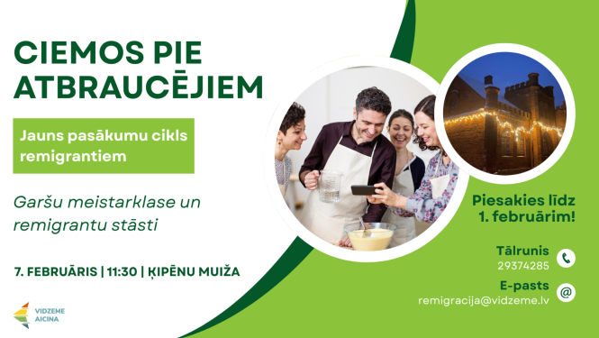 Pasākuma “Ciemos pie atbraucējiem” afiša – remigrantu garšu meistarklase Ķipēnu muižā ar aicinājumu pieteikties līdz 1. februārim.