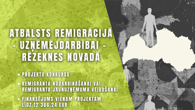 Plakāts informē par remigrācijas atbalsta projektu konkursu uzņēmējdarbībai Rēzeknes novadā