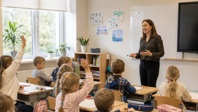 Skolotāja vada stundu 2. klases skolēniem, kuri sēž pie soliem, raksta un klausās klasē