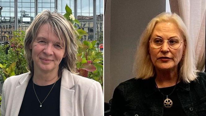 Divu sieviešu portreti — viena sieviete redzama pilsētvidē pie zaļumiem, otra piedalās sarunā telpā