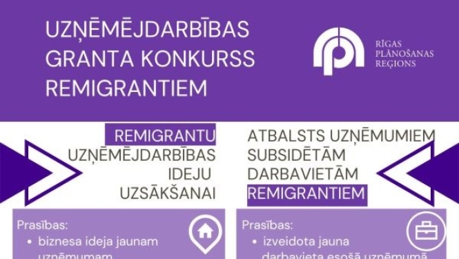 Informatīvs plakāts par uzņēmējdarbības granta konkursu remigrantiem Rīgas plānošanas reģionā