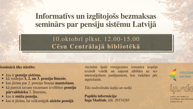 Informatīvs vizuālis par bezmaksas semināru par pensiju sistēmu Latvijā, kas 10. oktobrī no plkst. 12.00 līdz 15.00 notiks Cēsu Centrālajā bibliotēkā.