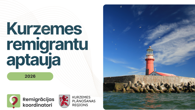 “Kurzemes remigrantu aptauja 2026” ar Kolkas bākas foto un Kurzemes plānošanas reģiona un remigrācijas koordinatoru logotipiem.