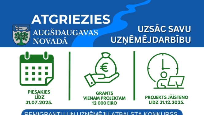 Plakāts par remigrantu uzņēmējdarbības atbalsta konkursu Augšdaugavas novadā ar pieteikšanos no 22.04.-20.05.2025 un finansējumu 12 000 euro.