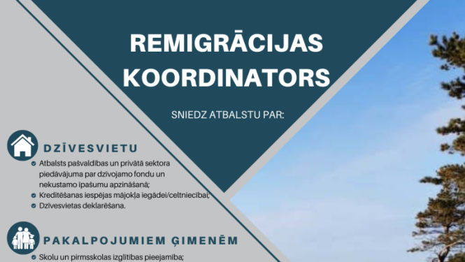 Infografika skaidro, kādu atbalstu sniedz remigrācijas koordinators dzīvesvietas, ģimenes pakalpojumu, darba, uzņēmējdarbības un sociālajos jautājumos