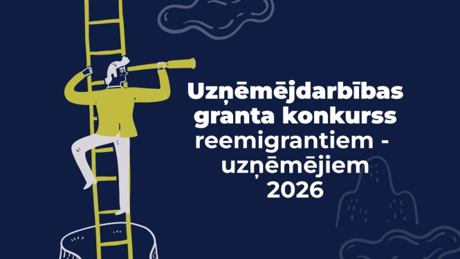 Grafisks vizuālis par uzņēmējdarbības granta konkursu reemigrantiem–uzņēmējiem 2026