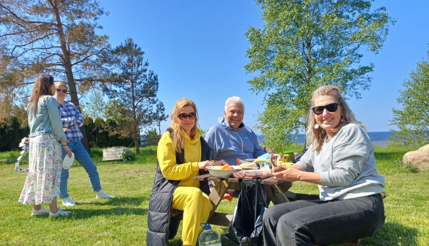 Cilvēki pikniko pie koka galda zaļā pļavā pie jūras saulainā dienā.
