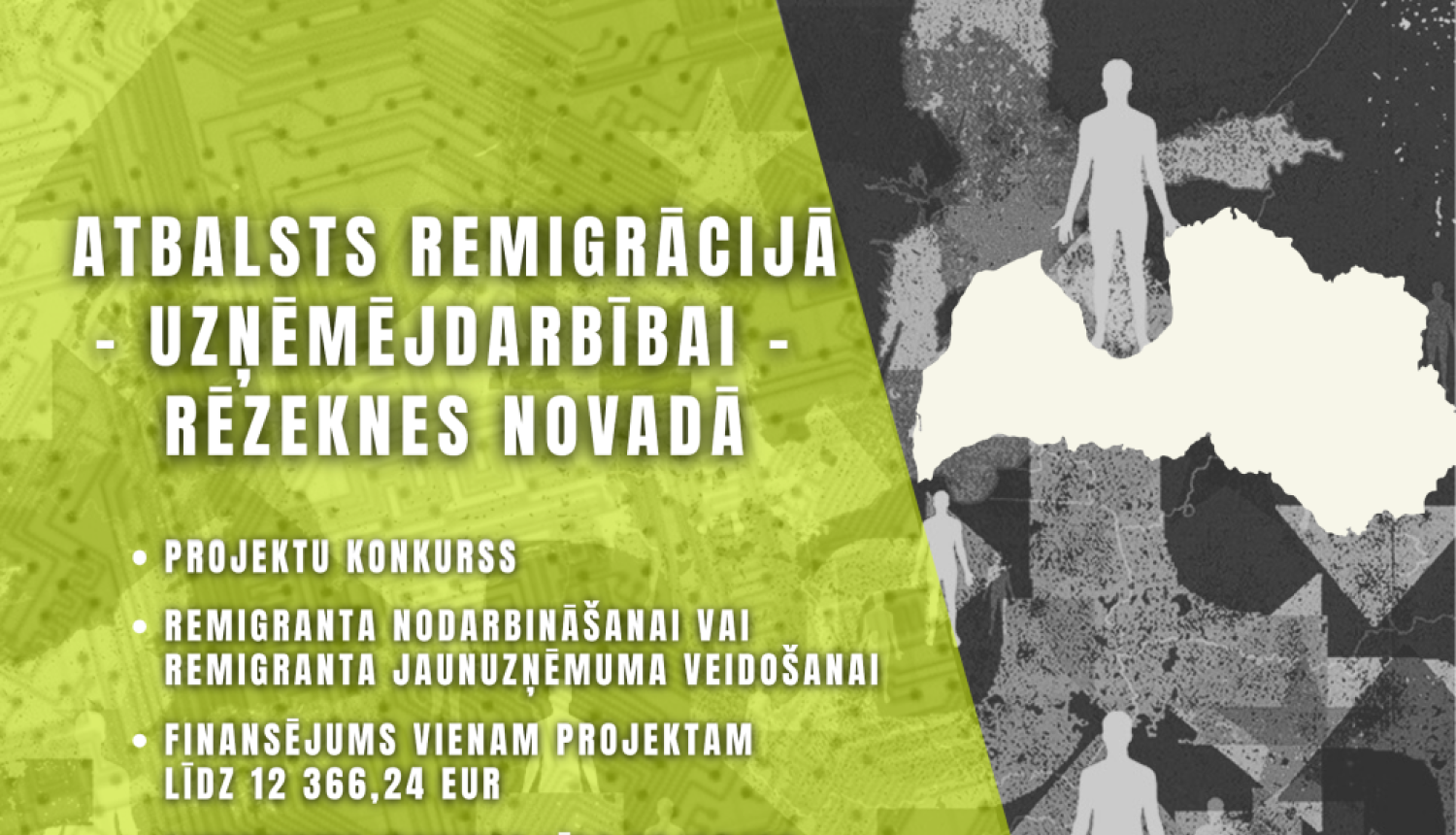 Plakāts informē par projektu konkursu remigrācijas atbalstam uzņēmējdarbībai Rēzeknes novadā