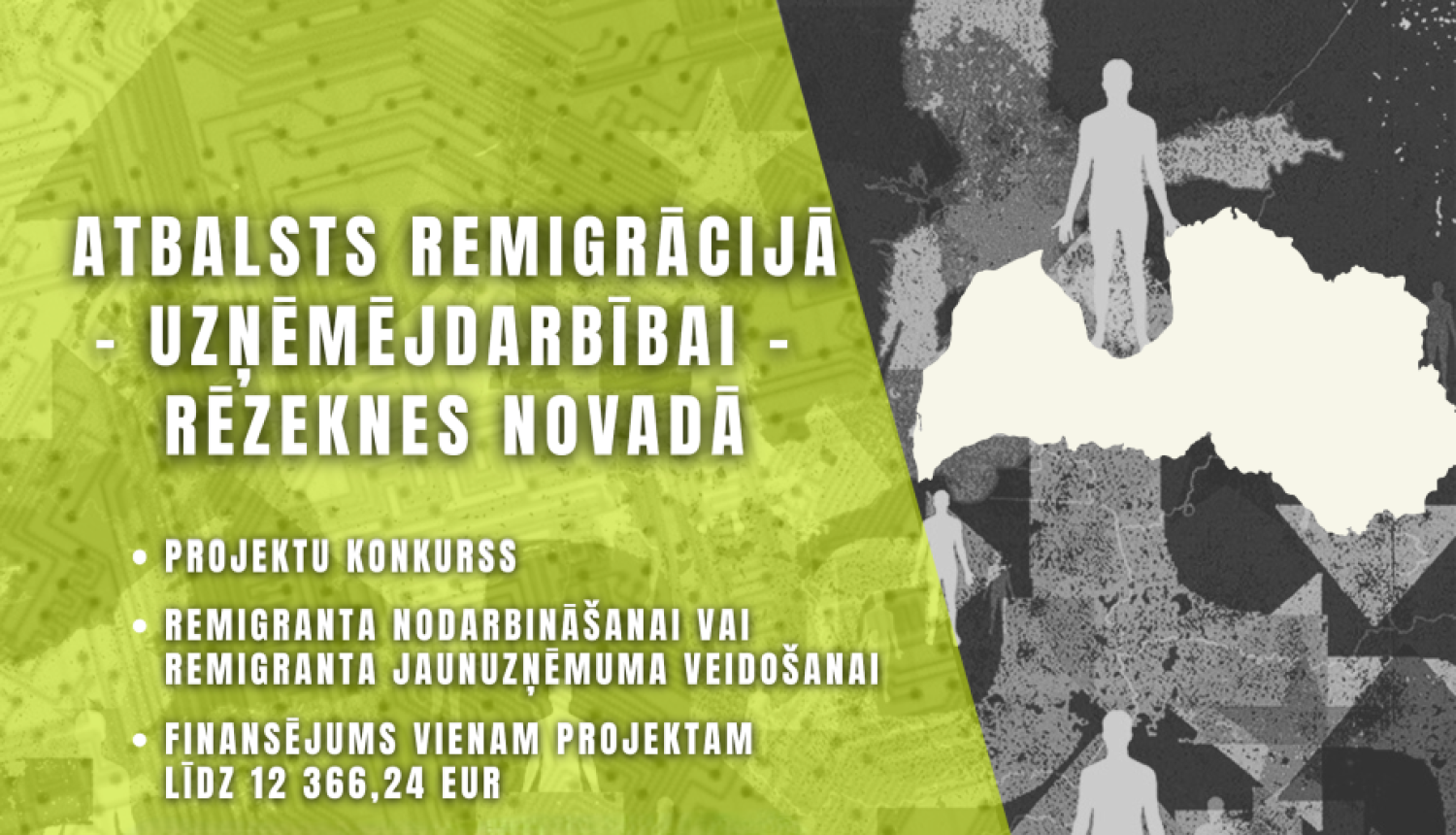Plakāts informē par remigrācijas atbalsta projektu konkursu uzņēmējdarbībai Rēzeknes novadā