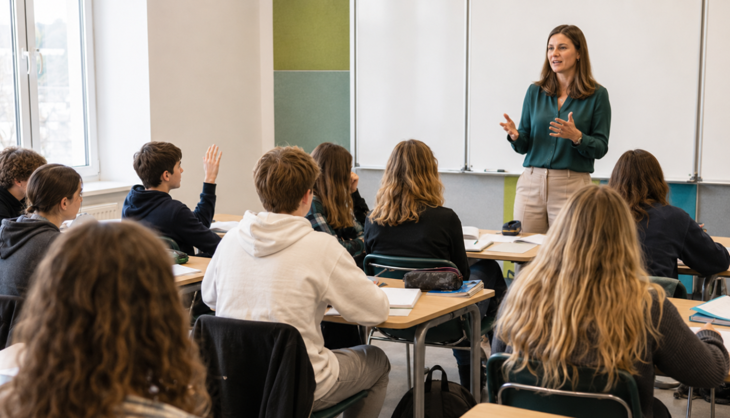 Skolotāja vada stundu 10. klases skolēniem, kuri sēž pie soliem un klausās klasē