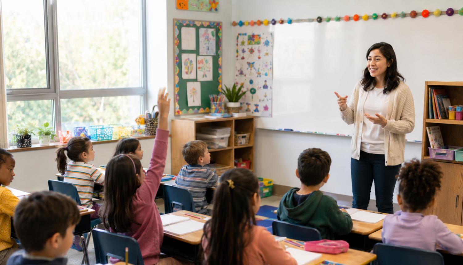 Skolotāja vada stundu 2. klases skolēniem, kuri sēž pie soliem, raksta un klausās klasē