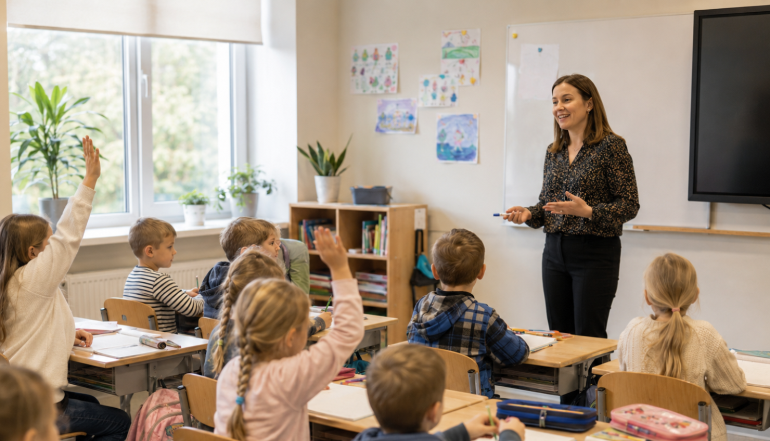 Skolotāja vada stundu 2. klases skolēniem, kuri sēž pie soliem, raksta un klausās klasē