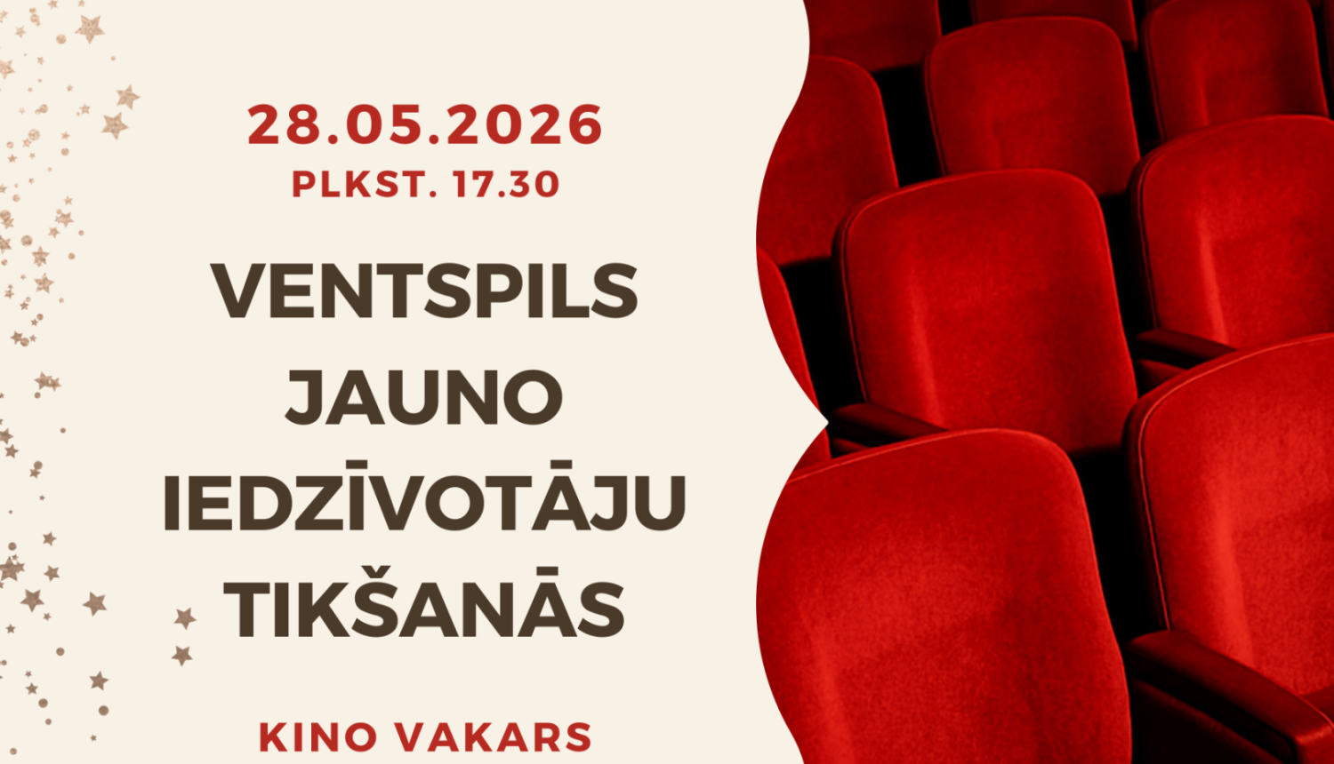 Plakāts aicina uz Ventspils jauno iedzīvotāju tikšanos un kino vakaru 28. maijā