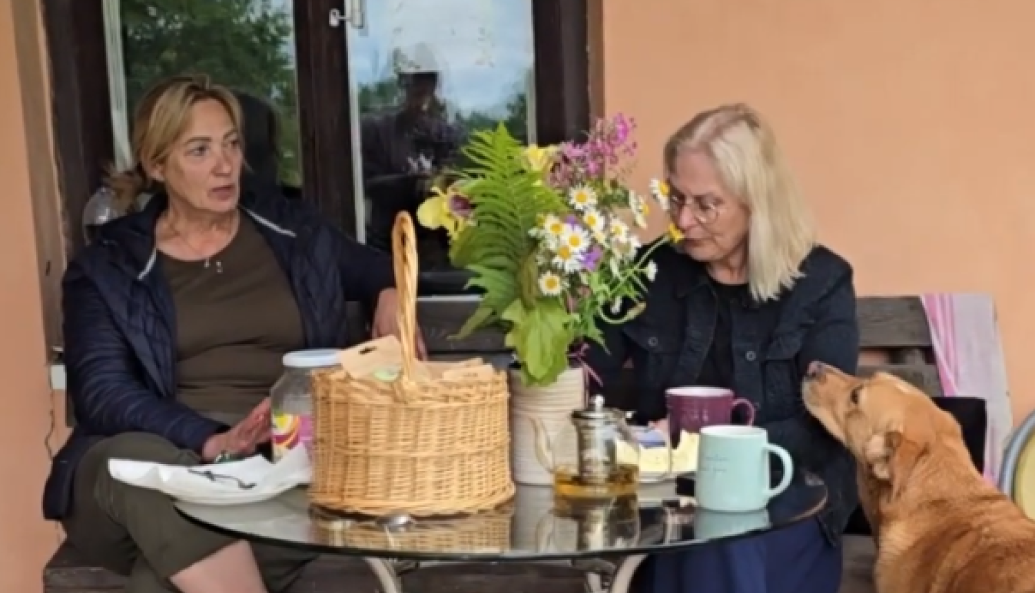 Divas sievietes sēž pie galda uz terases un sarunājas, blakus stāv suns.